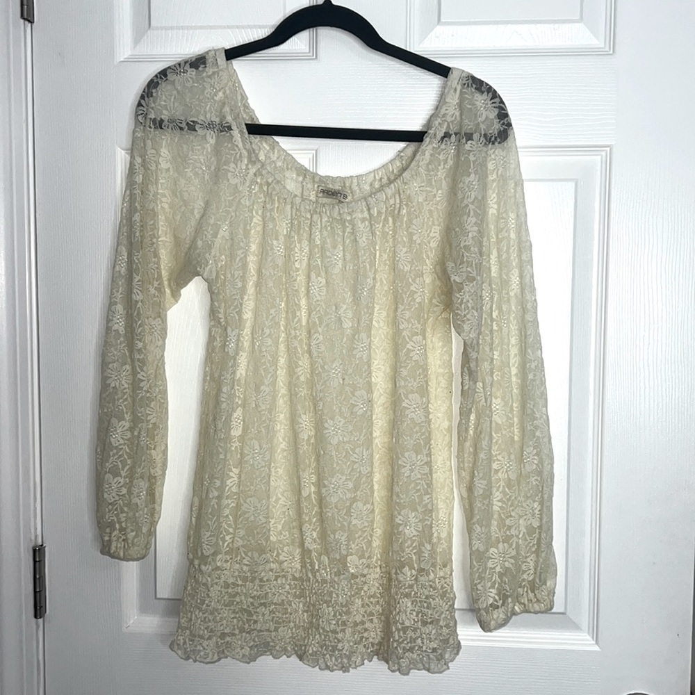 Cream Lace Long Sleeve Blouse | Sheer Floral Overlay | Romantic Boho Top| Medium